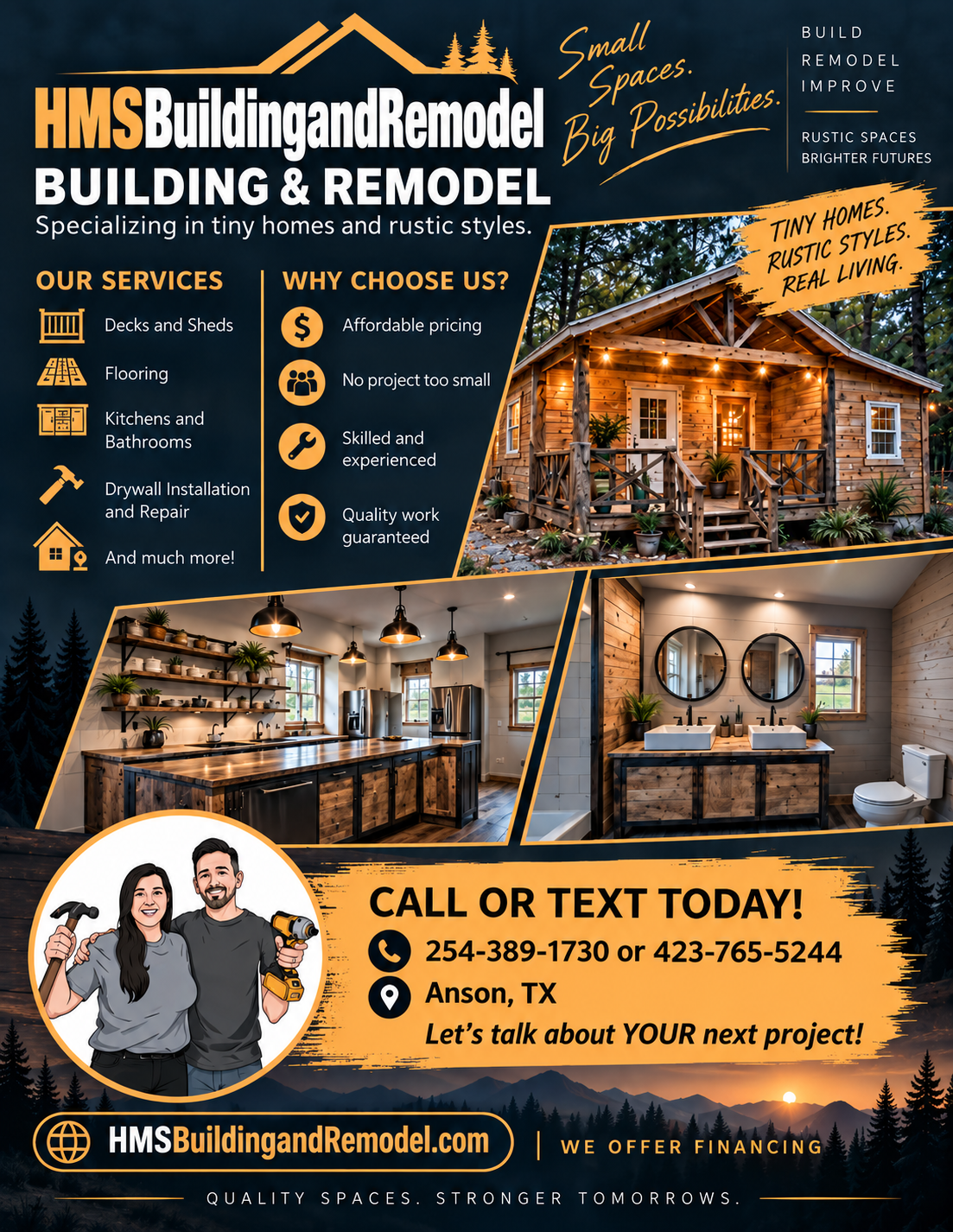 HMS Building and Remodel flyer featuring tiny homes, remodeling, kitchens, bathrooms, decks, sheds, flooring and drywall